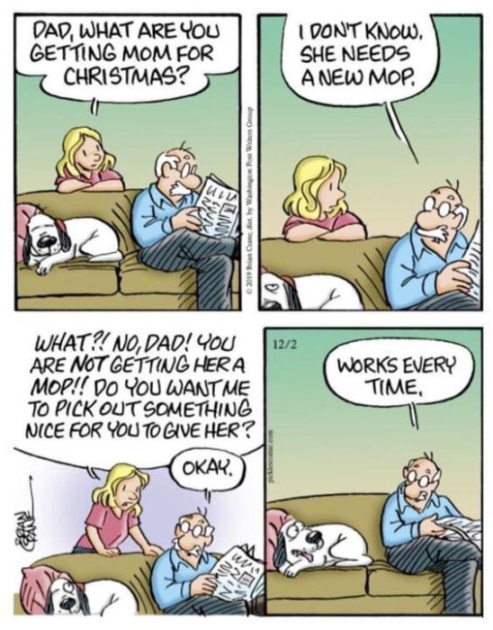 Serie med fyra rutor: dotter, pappa, diskuterar julklapp, mamma behöver mopp, pappa bluffar, köper trevlig present.
