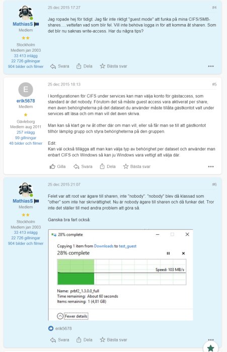 Skärmdump av forumdiskussion om nätverksdelning och tillstånd, med kopieringsfönster som visar filöverföring.