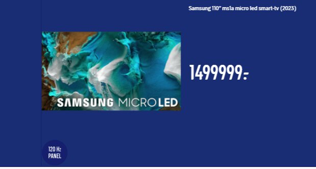Reklambild för Samsung 110-tums Micro LED Smart-TV, pris 1499999, 120 Hz panel, vibranta färger, år 2023.