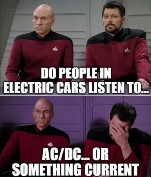 Star Trek-figurer med ordvits: "Elektrisk-bil-förare, lyssnar de till AC/DC eller något aktuellt?" Humoristiskt.