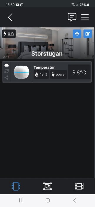 Smartphone-app visar temperaturkontroll för "Storstugan", 9.8°C och 48% luftfuktighet. Energianvändningen är 0W.