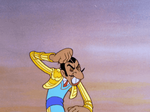 Tecknad figur, arg gubbe med mustasch, knyter näven, gult ärmband, lila bakgrund.