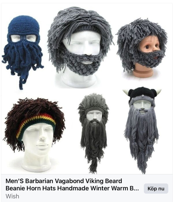 Mössor som liknar vikingahjälmar och skägg, virkade, olika stilar, bärnmodeller och en docka.