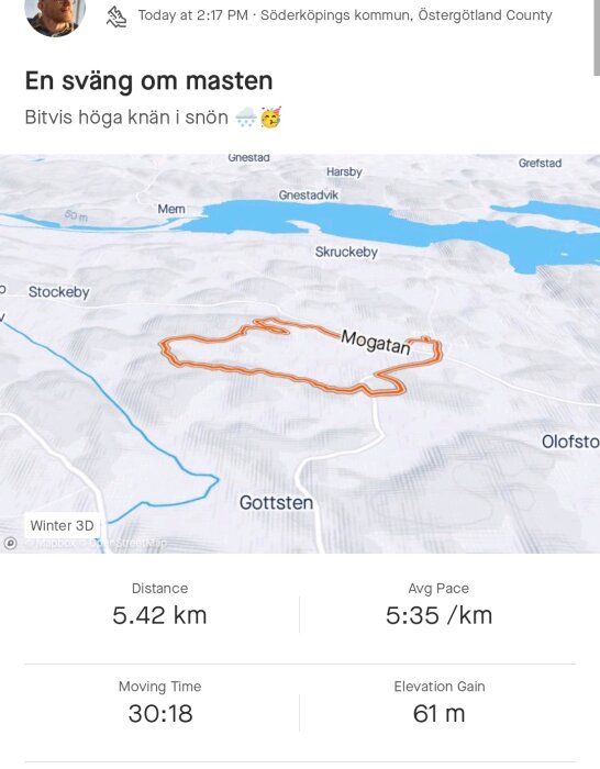 Aktivitetsspårning: 5,42 km löprunda, 30 minuter, genomsnittstempo, höjdökning, snöig terräng, GPS-karta.