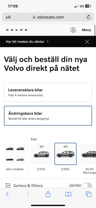 Skärmbild av Volvo Cars webbplats, beställning av bilar online, elbilar, meny, filtreringsalternativ.