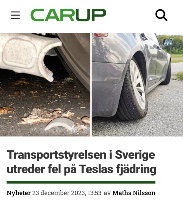Bil med trasig fjädring, Text om Transportstyrelsens utredning, Sverige, datum och reporterns namn.