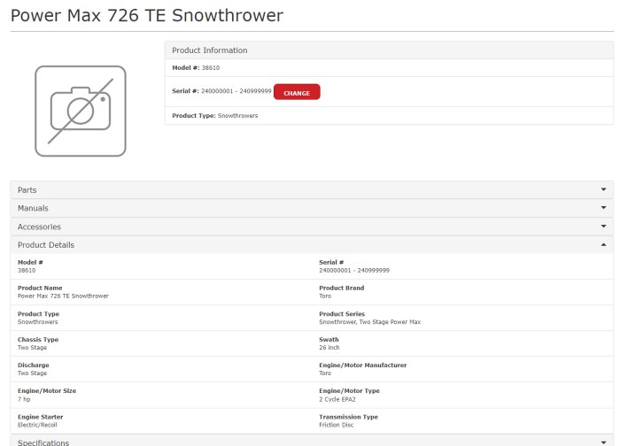 Webbsida för snöslunga "Power Max 726 TE", Toro-produkt, tvåstegsutkastare, 7 hk motor, elektrisk/rekylstart.