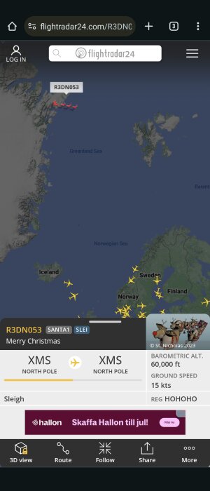 Skärmdump av Flightradar24 visar ett flygspår märkt "SANTA1" och en släde, sannolikt ett påskägg.