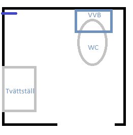 Enkel planritning av ett badrum med WC, tvättställ och varmvattenberedare (VVB).