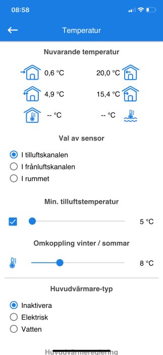 Skärmdump av en app för temperaturstyrning med aktuella värden och inställningar för uppvärmningssystem.