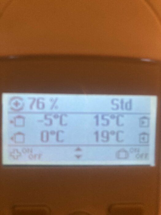 Digital termostat visar olika temperaturer, ganska suddig bild, batteriindikator, komfortsymboler, uppvärmningsikoner.