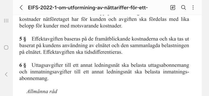 Svensk text om effektavgiften, kostnader och nätanvändning inom elnätsområde. Regelverk eller dokument.