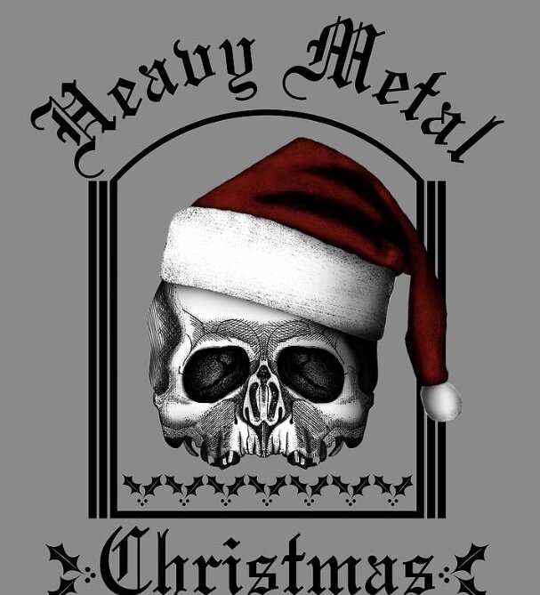 Skalle med jultomtemössa, omgiven av orden "Heavy Metal Christmas" i en dekorativ ram.