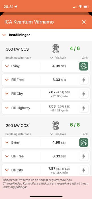 En appskärmdump som visar laddningsalternativ och priser för elbilar vid ICA Kvantum Värnamo.