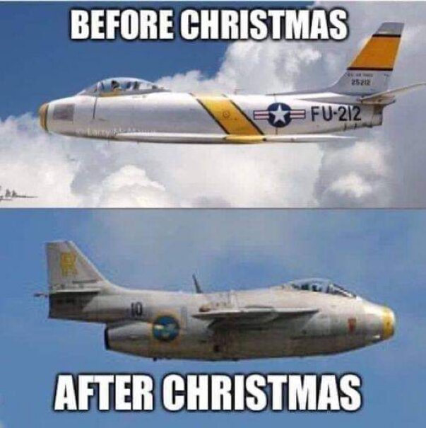 Meme: Två flygplan, övre smidigt "Före jul", nedre uppblåst "Efter jul", skämt om viktökning.