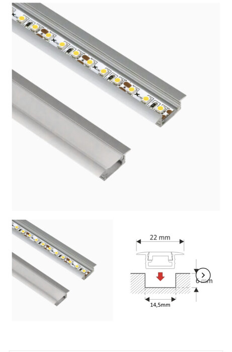 LED-ljuslist i aluminiumprofil, tvärsnitt och dimensionsdiagram ingår.