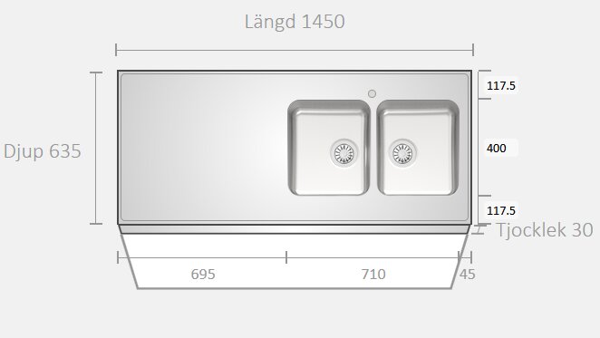 Schematisk ritning av dubbelho, toppvy, med dimensioner på svenska; längd 1450 mm, djup 635 mm.