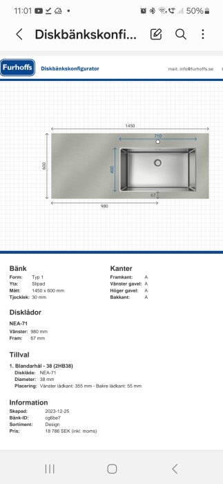 Skärmdump på mobil: diskbänkskonfigurator, rostfri diskho, mått, pris och val.