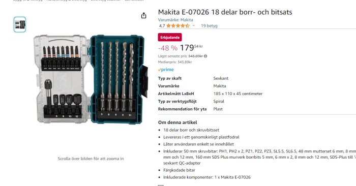 18-delars Makita borr- och bitsats i plastfodral, försäljningserbjudande, färgkodade bitar och borr.