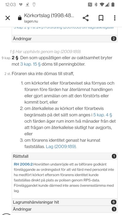 Skärmavbild med text från en lagtext om körkortslag, inklusive paragrafer och rättsfall.