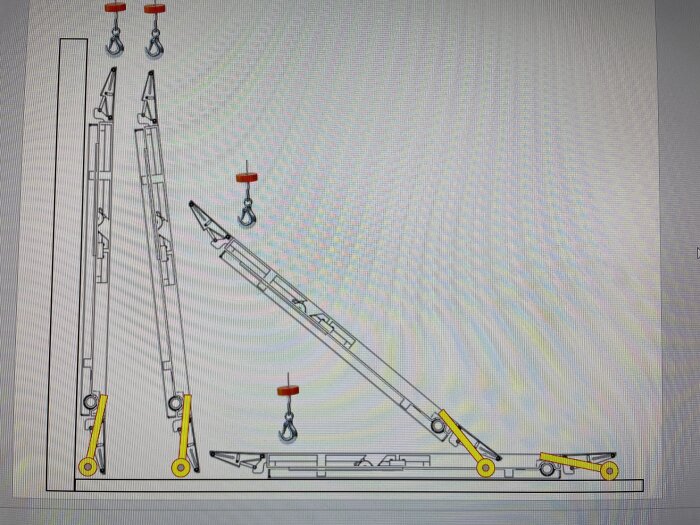 Diagram över mobilkran i olika lyftpositioner med utriggare och last.