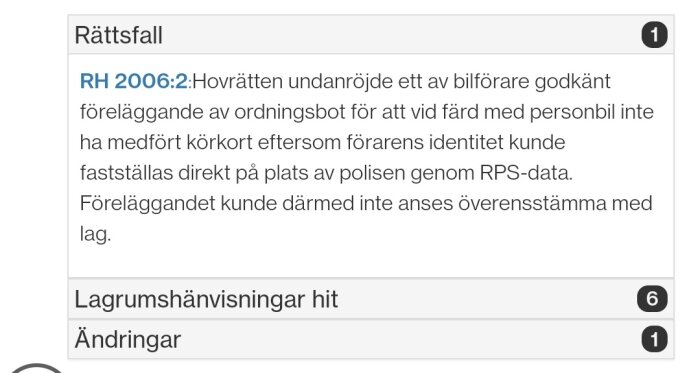 Skärmdump av rättsfall, RH 2006:2, text på svenska, polis-identifikation via RPS-data, ordinärt lagförslag.