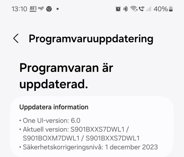 Skärmbild av en mobil, programvaruuppdatering genomförd, One UI-version 6.0, säkerhetskorrigering december 2023.