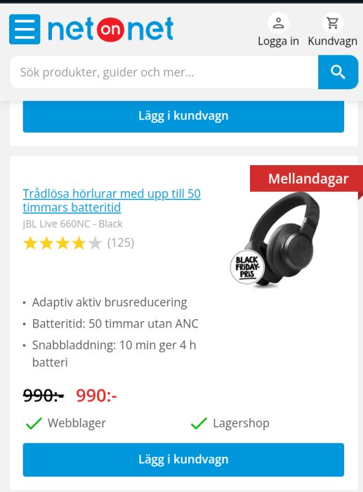 Webbsida som visar JBL trådlösa hörlurar med erbjudande, kundrecensioner och köpknapp.