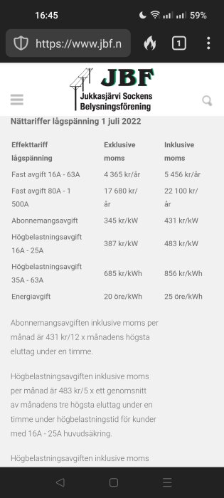 Skärmavbild av en webbsida med information om elnätstariffer inklusive och exklusive moms.