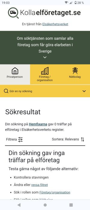 Skärmbild av tjänsten Kollaelföretaget.se med sökresultat noll träffar för 'Hemfixarna'. Instruktioner för nya sökningar visas.