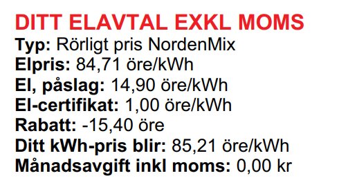 Bild av elavtal med rörligt pris, elprisuppgifter och kostnader exklusive moms på svenska.