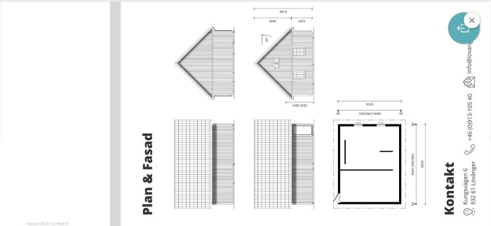 Arkitektoniska ritningar, planer, fasader, måttangivelser, samt kontaktinformation i nedre hörnet.