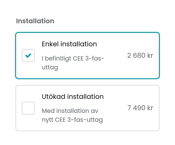 Bild på installationstjänster, enkel för befintligt uttag, utökad för nytt uttag, svenska priser.