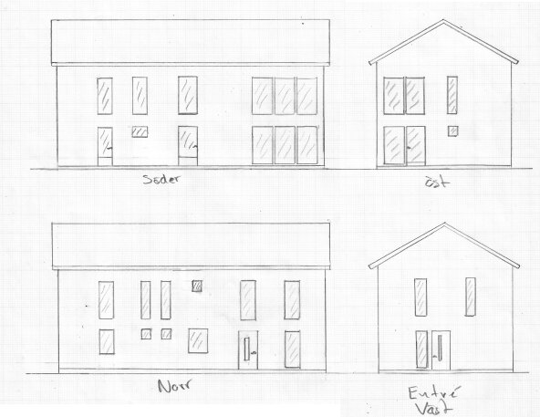 Handritade skisser av ett hus från fyra olika väderstreck: söder, öst, norr och entré väst.