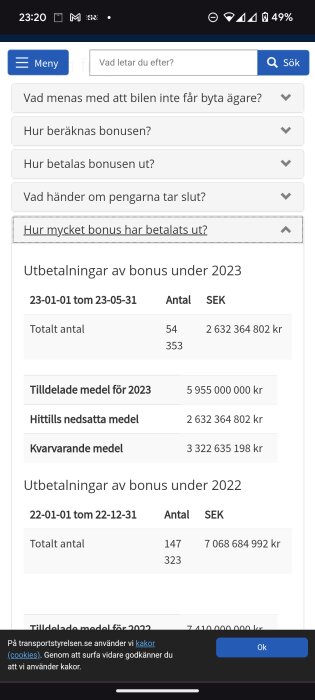 Skärmdump av webbsida med information om bonusutbetalningar och medel, innehåller siffror och summor i SEK.