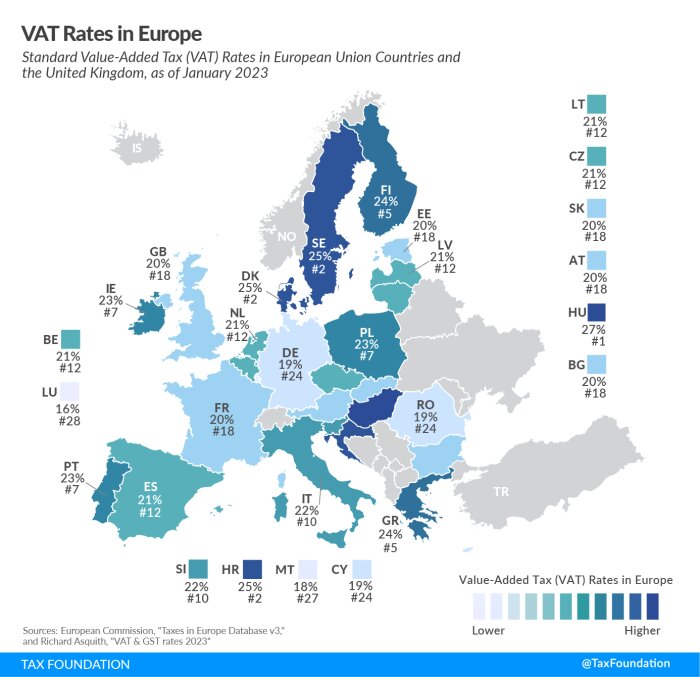 Karta över Europa som visar standardmoms (VAT) i EU-länder och Storbritannien i januari 2023.