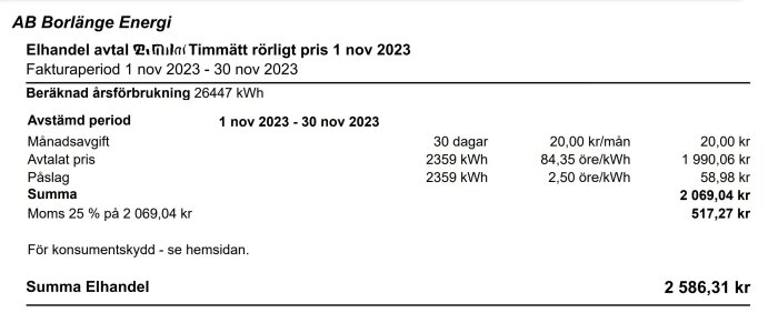 Elräkning från AB Borlänge Energi för november 2023, med moms och total kostnad på 2 586,31 kr.