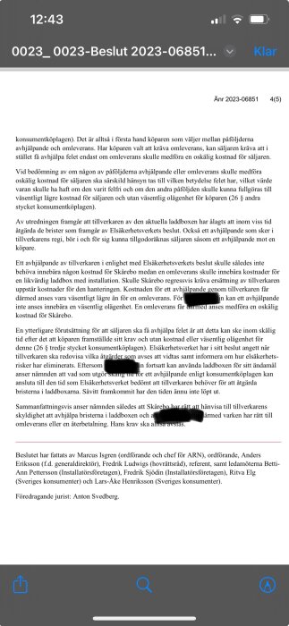 Svensk text angående konsumenträtt, beslut om laddbox, nämner Elsäkerhetsverket, konkreta åtgärder och kostnad.