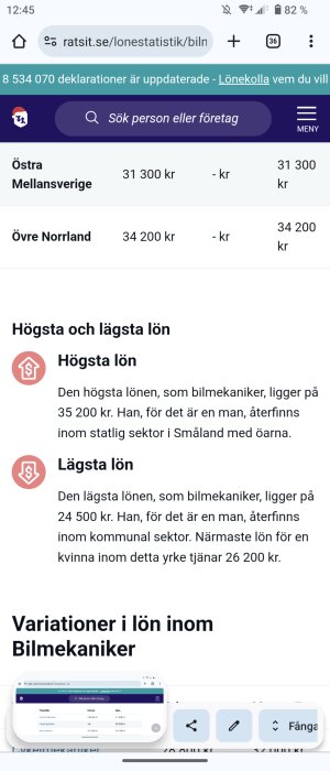 Skärmdump av lönestatistik för bilmekaniker i Sverige, regionala skillnader, högsta och lägsta löner presenterade.