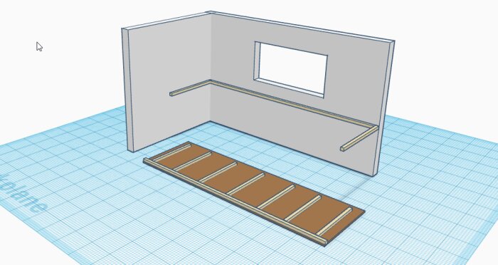 3D-modell av ett enkelt rum med bänk och fönster på rutig bakgrund.