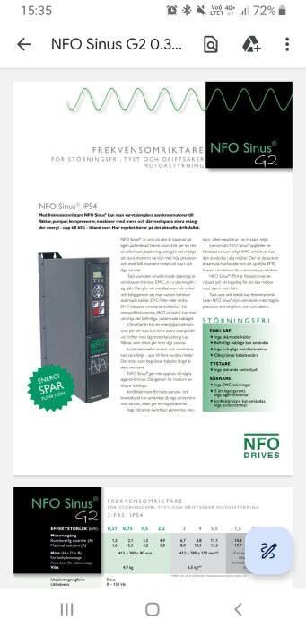 Produktblad för NFO Sinus G2 frekvensomriktare, energibesparande, störningsfri motorstyrning, tekniska specifikationer, IP54.