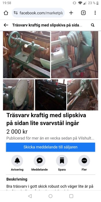 En trävarv med slipskiva annonseras på Facebook Marketplace för 2000 kr.