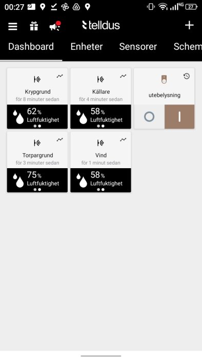 En skärmdump av en Tellus-app, visar sensorläsningar som luftfuktighet i olika områden och en strömbrytare.