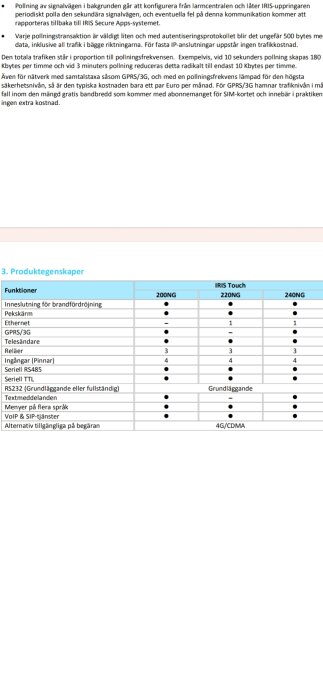 Teknisk dokumentation, jämförelsetabell, produktfunktioner för larmsändare IRIS Touch-serien.