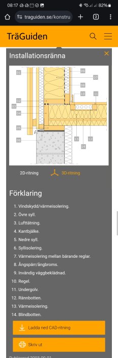 Teknisk illustration av en väggkonstruktion med isolering och installationsutrymme, inklusive numrerade komponenter och förklaringar.