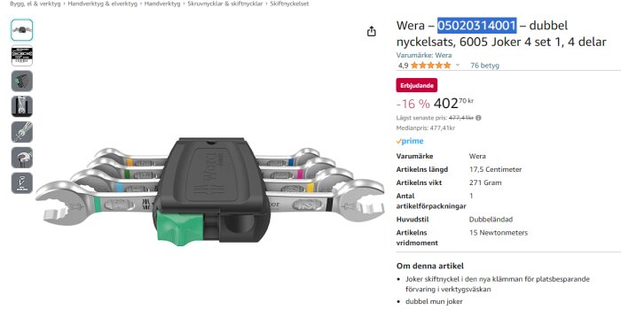 Ett set av fyra dubbeländade nyckelsatser från Wera i en förpackning, rabatterat pris, höga kundbetyg.