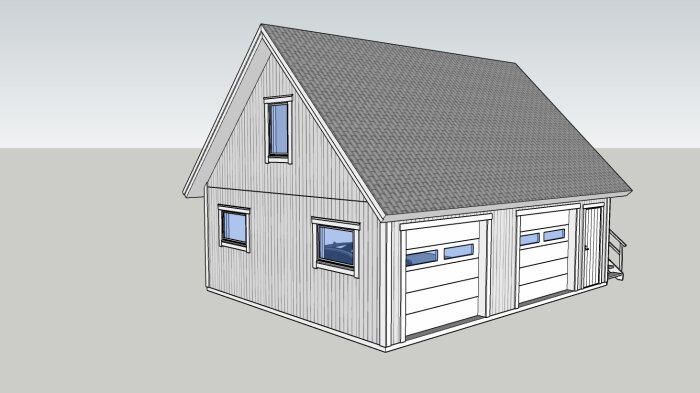 Enkelritad modell av ett hus med sadeltak, fönster och en garageport. Neutralt färgschema, ingen bakgrundsdetalj.