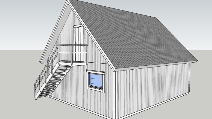 3D-modellerat hus, två våningar, lutande tak, trappa till övre däck, enkelt fönster, grått, vit bakgrund.