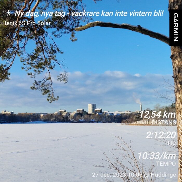 Vinterlandskap med snö, träd, klar himmel, stadsutsikt och motionsspåringsdata från Garmin enhet.