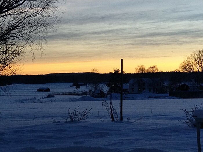 Vintersolnedgång, snötäckt landskap, trähus, kylig himmel, orörd natur, kala trädgrenar, mjuka pastellfärger.